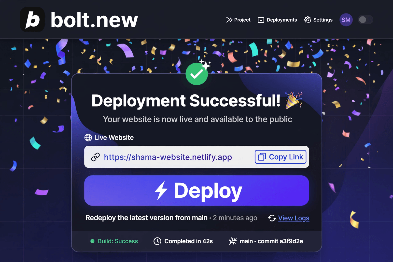 Bolt.new کا Deploy بٹن، جس کے ذریعے تیار ویب سائٹ انٹرنیٹ پر شائع کی جاتی ہے۔