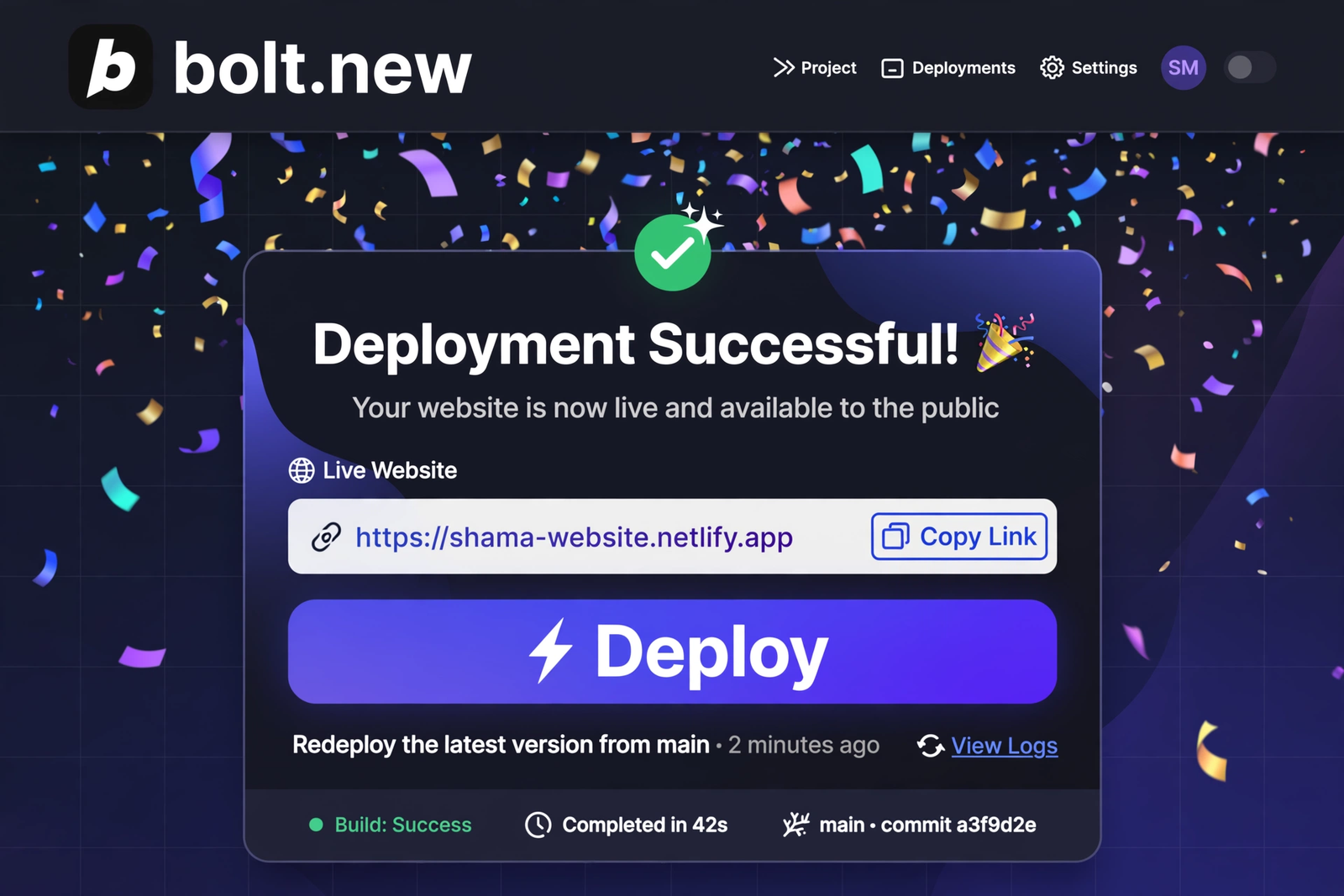 Bolt.new کا Deploy بٹن، جس کے ذریعے تیار ویب سائٹ انٹرنیٹ پر شائع کی جاتی ہے۔